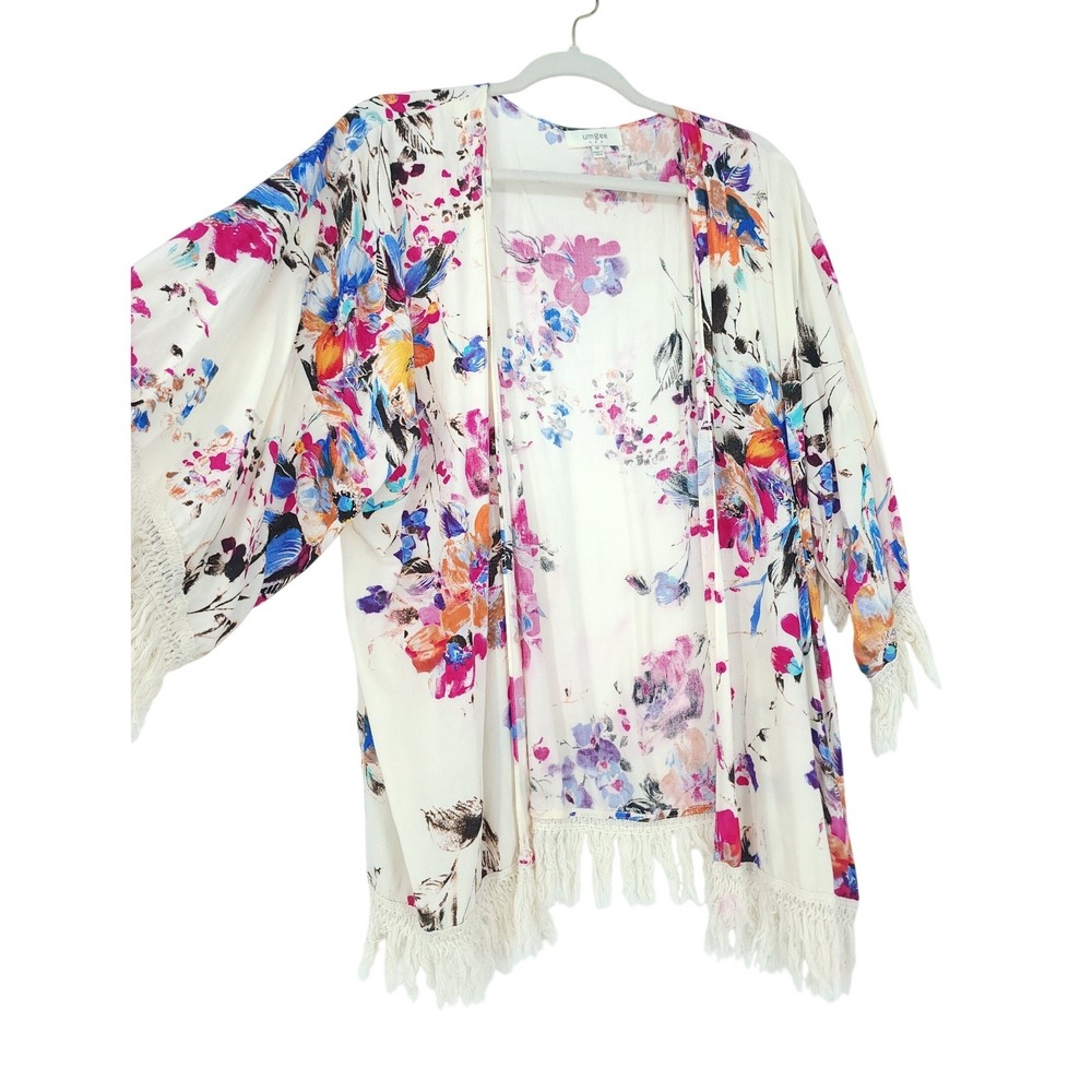 Umgee Floral Kimono Women M Cream MultiColor Watercolor Fringe Trim Boho Festive